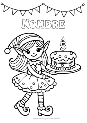 Colorear para personalizar Tarta Elfos de navidad Cumpleaños Chica Dibujos de Elfos para colorear Edad personalizable