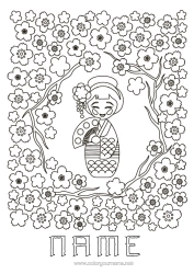 Colouring to customise Japan Kimono Games And Toys Cherry Tree Kokeshi Doll