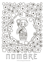 Colorear gratis Japón Kimono Juegos y juguetes Cerezo Kokeshi Muñeca