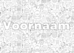 Kleurplaat aanpassen Klok Gedecoreerde naam School Symbolen Schooltas Wereldbol Terug naar school Studentenmuts Schoolbenodigdheden Rekenmachine Winkelhaak Decoratieve achtergrond