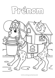 Coloriage à personnaliser Chien Animal Pompier Chiens et chats Feu Métiers de la Sécurité Dessin animé