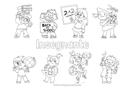 Pagina da colorare per bambini Insegnante Scuola Globo terraqueo Mestieri dell'educazione Rientro a scuola Lavagna scolastica Cappello da studente Forniture scolastiche Scienza Matematica