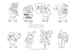 Child coloring page Teacher School World globe Education Professions Back to School Class board Student cap School supplies Science Mathematics