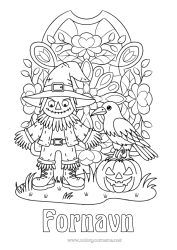 Fargeleggingssiden å tilpasse Gresskar Halloween Høst Jack O'Lantern Hatt Fugler og flygende pattedyr Skremmende fugl Kråke
