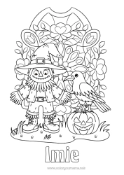Kolorowanka do personalizacji Dynia Halloween Jesień Jack O'Lantern Kapelusz Ptaki i latające ssaki Strach na wróble Kruk