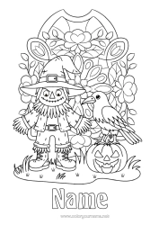 Colouring to customise Pumpkin Halloween Autumn Jack O'lantern Hat Birds And Flying Mammals Scarecrow Raven