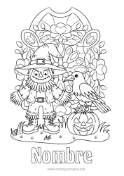 Colorear para personalizar Calabaza Halloween Otoño Jack O'Lantern Sombrero Aves y mamíferos voladores Espantapájaros Cuervo