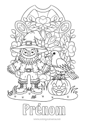 Coloriage gratuit Citrouille Halloween Automne Jack O'Lantern Chapeau Oiseaux et mammifères volants Épouvantail Corbeau