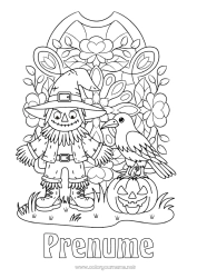 Pagină de colorat personalizată Dovleac Halloween Toamnă Jack cu lampa Pălărie Păsări și mamifere zburătoare Spaventapasseri Corb
