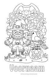 Kleurplaat aanpassen Pompoen Halloween Herfst Jack O'Lantern Hoed Vogels en vliegende zoogdieren Vogelverschrikker Raaf