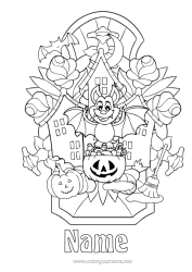 Colouring to customise Bat Broom Trick Or Treat? Halloween Jack O'lantern Birds And Flying Mammals Haunted Manor