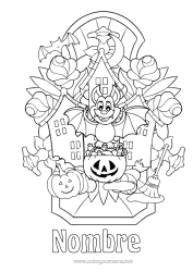 Colorear gratis Murciélago Escoba Truco o trato Halloween Jack O'Lantern Aves y mamíferos voladores Manor embrujado