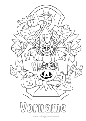 Kostenlose Malvorlage Fledermaus Besen Ein Bonbon oder ein Zauber? Halloween Kürbis Vögel und fliegende Säugetiere Spukhaus