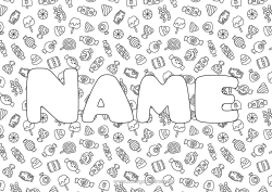 Free colouring Trick or treat? Halloween Cute Decorated name Treats, sweets Pacifier Decorative background