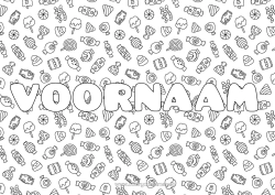 Gratis kleurplaat Snoep of een spreuk? Halloween Kawaii Gedecoreerde naam Lekkernijen, zoetigheden Lolly Decoratieve achtergrond