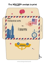 Gratis färgläggning USA Kuvert New York Utskriftskuvert Julälvens resa Kuvert för tomtens post