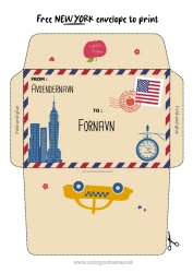 Gratis fargelegging USA Konvolutt New York Utskriftsvennlig konvolutt Julealvens reise Konvolutt for nissepost