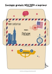Coloriage à personnaliser USA Enveloppe New York Enveloppe à imprimer Voyage de l'elfe de Noël Enveloppe pour courrier du lutin de Noël