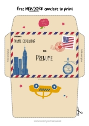 Pagină de colorat gratuită SUA Plic New York Plic de imprimat Călătoria elfului de Crăciun Plic pentru scrisoarea lui Moș Crăciun