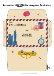 Kostenlose Malvorlage USA Umschlag New York Bedruckbare Umschläge Reise des Weihnachtselfen Umschlag für den Weihnachtswichtel-Post