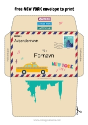 Gratis fargelegging USA Konvolutt New York Utskriftsvennlig konvolutt Julealvens reise Konvolutt for nissepost