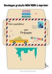 Coloriage à personnaliser USA Enveloppe New York Enveloppe à imprimer Voyage de l'elfe de Noël Enveloppe pour courrier du lutin de Noël