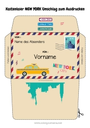 Kostenlose Malvorlage USA Umschlag New York Bedruckbare Umschläge Reise des Weihnachtselfen Umschlag für den Weihnachtswichtel-Post