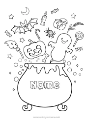 Desenho grátis Morcego Vassoura Fantasma Abóbora Caldeirão mágico Halloween Kawaii Pássaros e mamíferos voadores