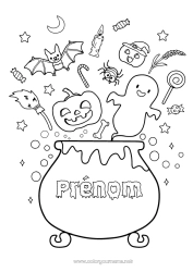 Coloriage gratuit Chauve-souris Balai Fantôme Citrouille Chaudron magique Halloween Kawaii Oiseaux et mammifères volants