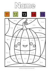 Free coloring Pumpkin Number Coloring by numbers Children's activities Subtractions Additions Vegetables Mathematics