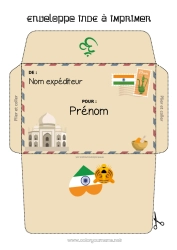 Coloriage gratuit Enveloppe Enveloppe à imprimer Voyage de l'elfe de Noël Inde Enveloppe pour courrier du lutin de Noël