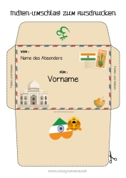 Kostenlose Malvorlage Umschlag Bedruckbare Umschläge Reise des Weihnachtselfen Indien Umschlag für den Weihnachtswichtel-Post