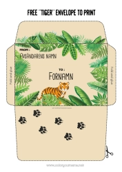 Gratis färgläggning Tigern Djur Kuvert Afrikas vilda djur Utskriftskuvert Julälvens resa Indien Kuvert för tomtens post