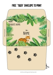 Colouring to customise Tiger Animal Envelope Wild animals of Africa Print envelope Mischievous Elf's Journey India Envelope for the Christmas Trickster Elf's Mail