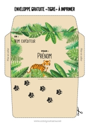Coloriage gratuit Tigre Animal Enveloppe Animaux sauvages d'Afrique Enveloppe à imprimer Voyage de l'elfe de Noël Inde Enveloppe pour courrier du lutin de Noël