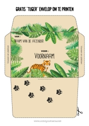 Gratis kleurplaat Tijger Dier Envelop Wilde dieren van Afrika Afdrukbare enveloppen Kerstelfreis India Envelop voor kerstelfpost