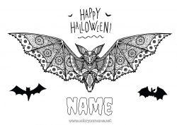 Free drawing Bat Halloween Mandala Flying birds and mammals Inscription 