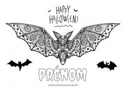 Coloriage gratuit Chauve-souris Halloween Mandala Oiseaux et mammifères volants Inscription "halloween"