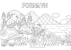 Gratis fargelegging Fugl Sopp Zentangle Fugler og flygende pattedyr Fjell