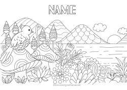 Free coloring Bird Mushroom Zentangle Flying birds and mammals Mountain