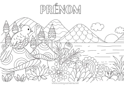 Coloriage gratuit Oiseau Champignon Zentangle Oiseaux et mammifères volants Montagne