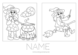 Free colouring Witch Magic cauldron Halloween Children's activities Spot markers Easy colouring pages