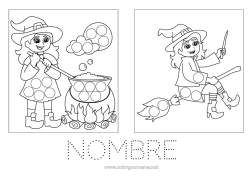 Colorear para personalizar Bruja Caldero mágico Halloween Actividades para niños Marcadores de puntos Dibujos fáciles para colorear