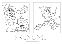 Pagină de colorat personalizată Vrăjitoare Cazan magic Halloween Activități pentru copii Marker cu puncte Desene de colorat ușoare