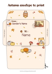 Free coloring Pumpkin Kawaii Autumn Bunny Animal Teddy Bear Leaves Forest animals Acorn Envelope to print
