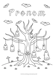 Coloriage gratuit Fantôme Halloween Arbre Effrayant