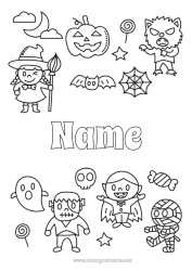 Colouring to customise Vampire Ghost Monster Mummy Witch Trick Or Treat? Halloween Frankenstein Zombie Werewolf