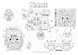 Coloring to customize Halloween Number Coloring by numbers Children's activities Connect the dots I spy Labyrinth Printable Placemat Connect the Numbers