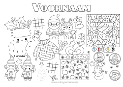 Gratis kleurplaat Cadeaus Kerstman Kerstmis Getal Kleuren op nummer Activiteiten voor Kinderen Van punt naar punt Lekkernijen, zoetigheden Doolhof Marshmallows Printbare placemat Verbind de Getallen