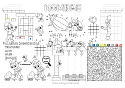Colorear gratis Vehículos Actividades para niños Maquinaria de construcción Buscar y encontrar Trazo y color Camión grúa Camión mezclador Camiones y vehículos utilitarios Oficios de la construcción Simetría Camión volquete Mantel individual para imprimir Construcción Grúa